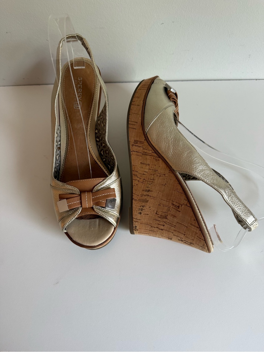 SPERRY Women’s Gold Platinum Slingback Peep-Toe Wedge Sandals Size 9.5 Like New